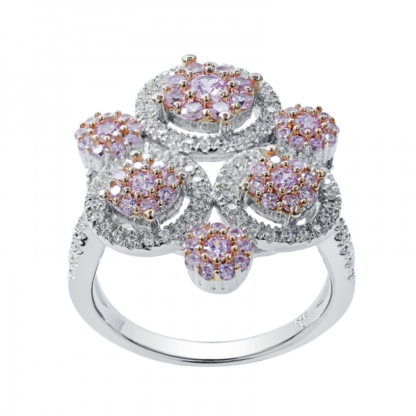 Round Pink and White CZ Silver Ring in 2-tone Plating 