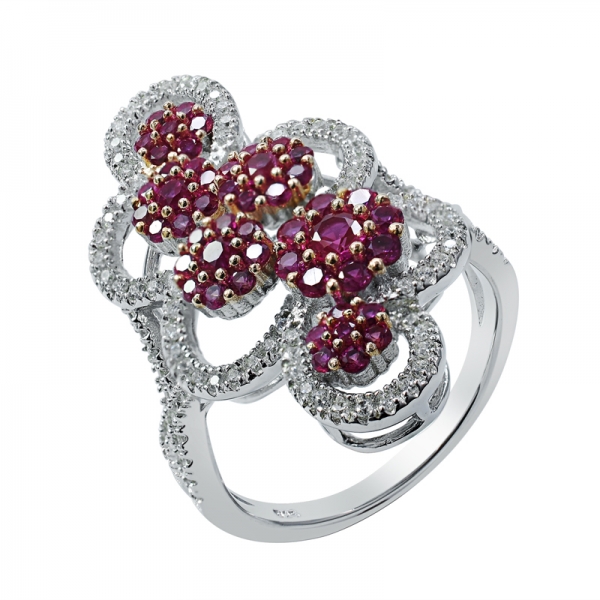 Round Ruby Corundum and White CZ 925 Sterling Silver Ring 