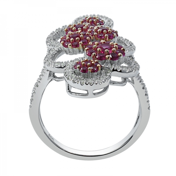 Round Ruby Corundum and White CZ 925 Sterling Silver Ring 