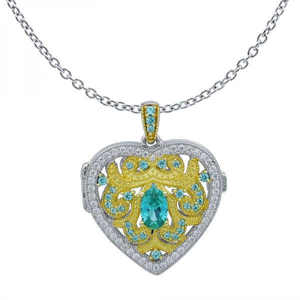 Heart Shape Silver Locket Pendant Setting with Paraiba and White 