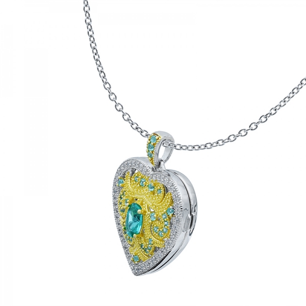Heart Shape Silver Locket Pendant Setting with Paraiba and White 