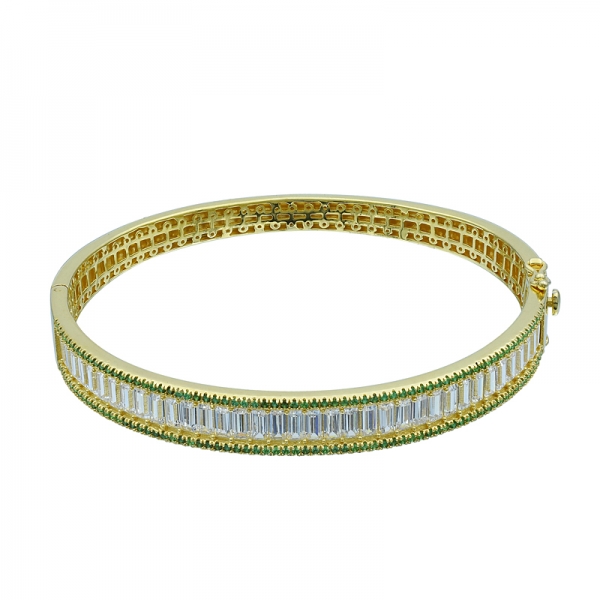 White Baguette CZ and Green Round Nano Silver Bangle in Gold Plating 