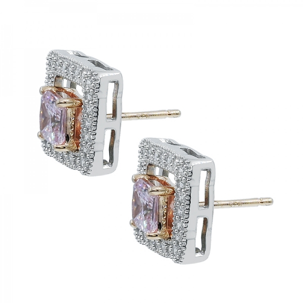 925 Silver Stud Earrings With Square Diamond Pink CZ 