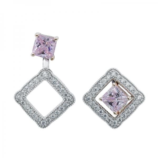925 Silver Stud Earrings With Square Diamond Pink CZ 