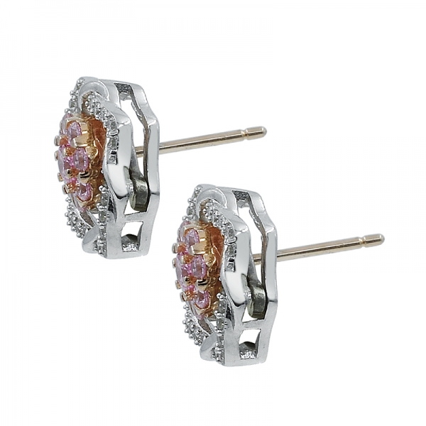 925 Stud Silver Earrings With Pink & White CZ 