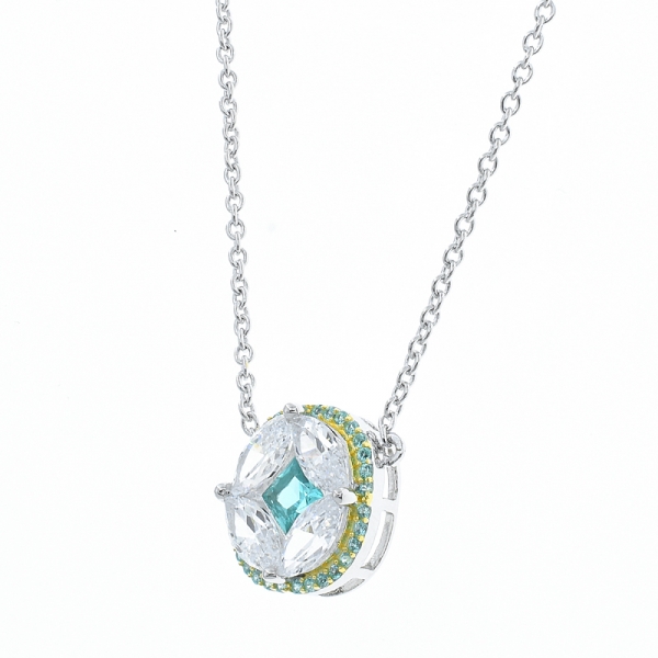 White CZ & Paraiba YAG Silver Necklace with Refined Chain 