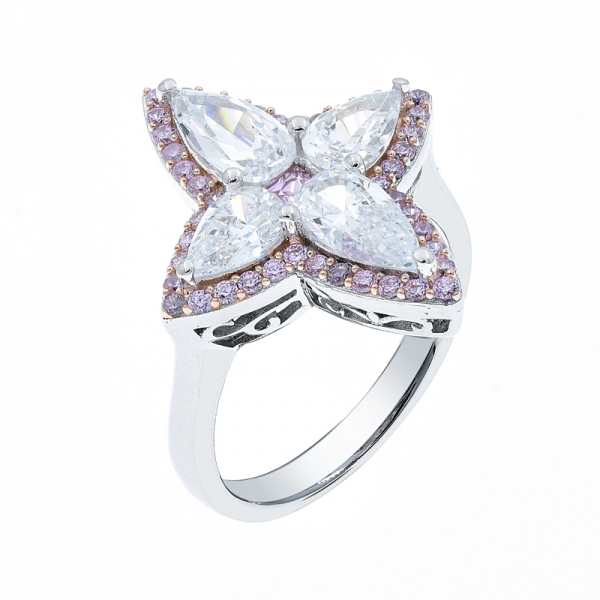 Exquisite 4 Leaf Clover Silver Ring With Pink & White CZ 