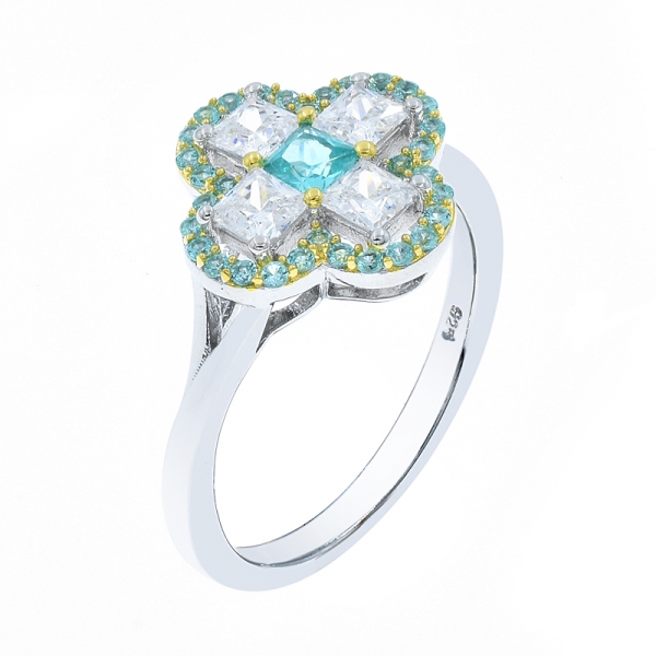 Two-tone Plated Paraiba 4 Leaf Clover Silver Ring 