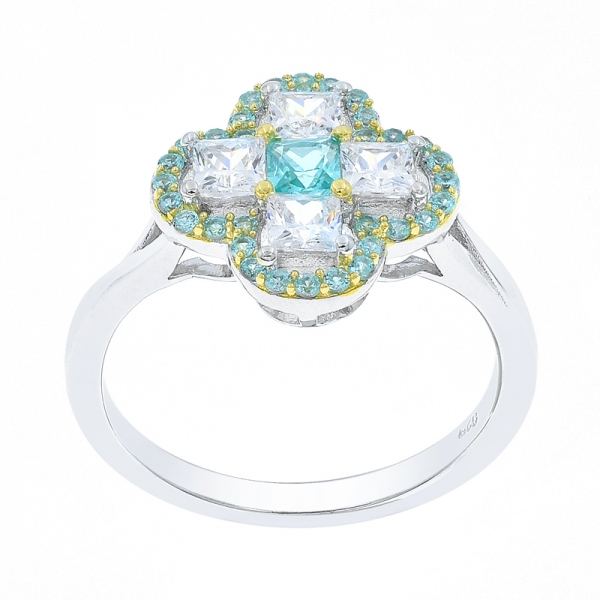 Two-tone Plated Paraiba 4 Leaf Clover Silver Ring 