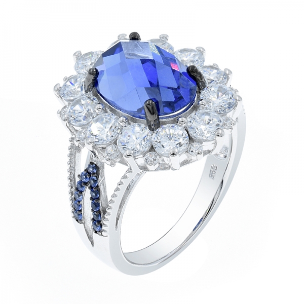 Fashional Checkboard Cutting Tanzanite CZ Silver Ring 