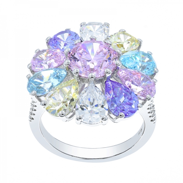 Rhodium Plated Rainbow Flower Shape Silver Ring 