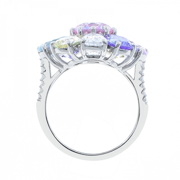 Rhodium Plated Rainbow Flower Shape Silver Ring 