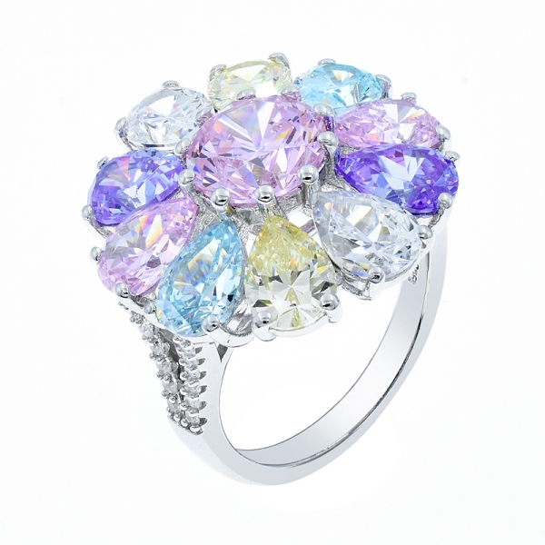 Rhodium Plated Rainbow Flower Shape Silver Ring 