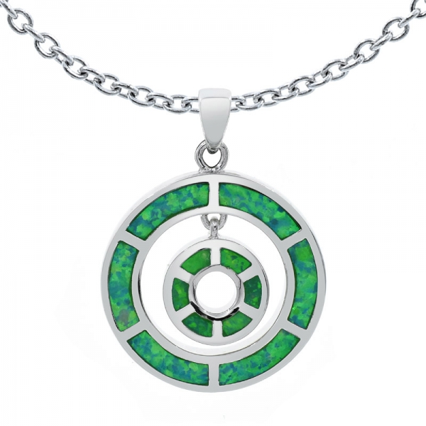 925 Silver Double Round Shape Green Lab Opal Pendant 