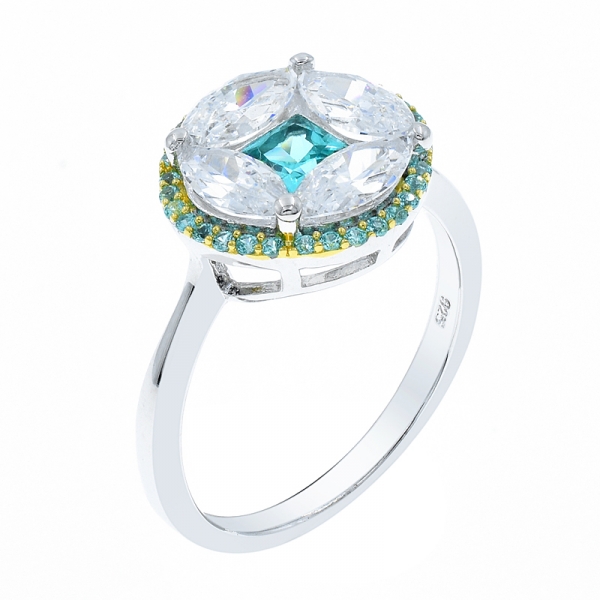 Round Shape 925 Silver Ring With White CZ & Paraiba 