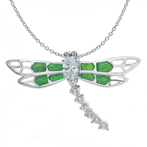 Winsome Green Lab Dragonfly Silver Opal Pendant 