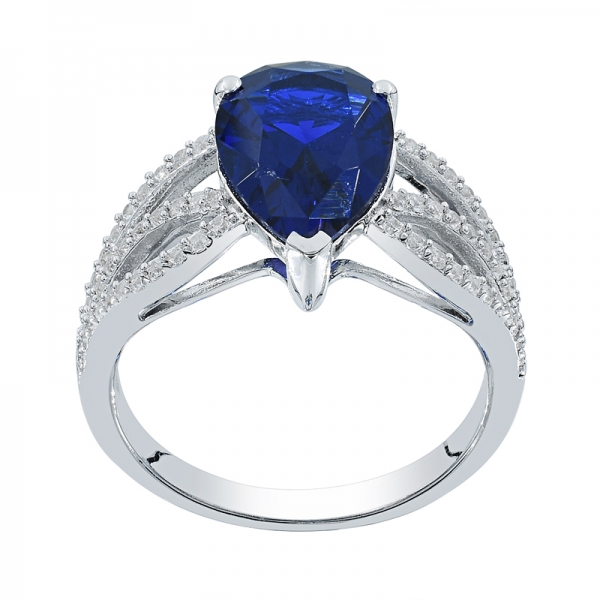 Classic Rhodium Plated Ladies Ring With Pear Shape Blue Nano 