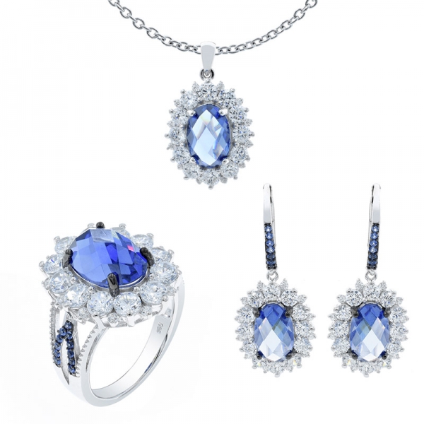 Fancy Checkboard Cutting Tanzanite CZ Jewelry Set in Sterling Silver 