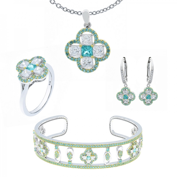 Fancy Four Leaf Clover Jewelry Set in Sterling Silver 
