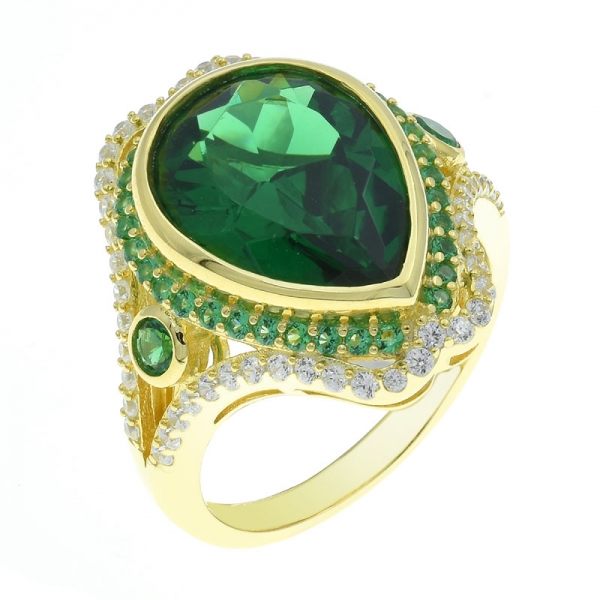 925 Gold Plated Pear Shape Green Nano Ring 