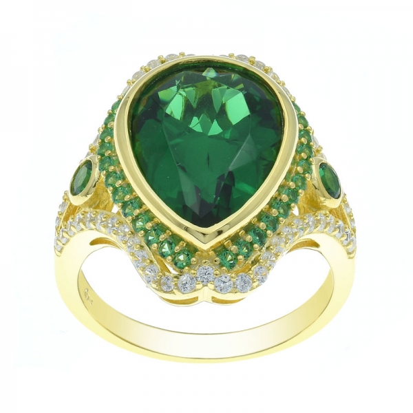 925 Gold Plated Pear Shape Green Nano Ring 