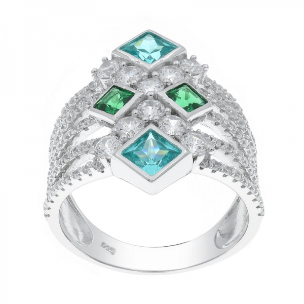 925 Five Row Silver Ring With Paraiba & Green Stones 