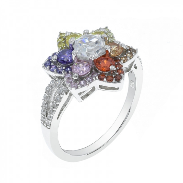 925 Silver Rainbow color Stones Flower Ring 