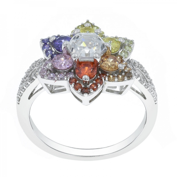 925 Silver Rainbow color Stones Flower Ring 