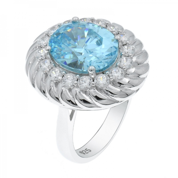 925 Silver Oval Shape Aqua CZ Ring For Ladies 