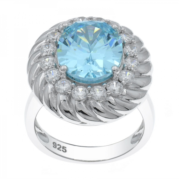 925 Silver Oval Shape Aqua CZ Ring For Ladies 