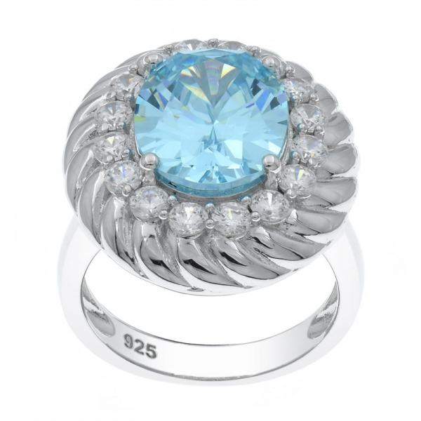 925 Silver Oval Shape Aqua CZ Ring For Ladies 
