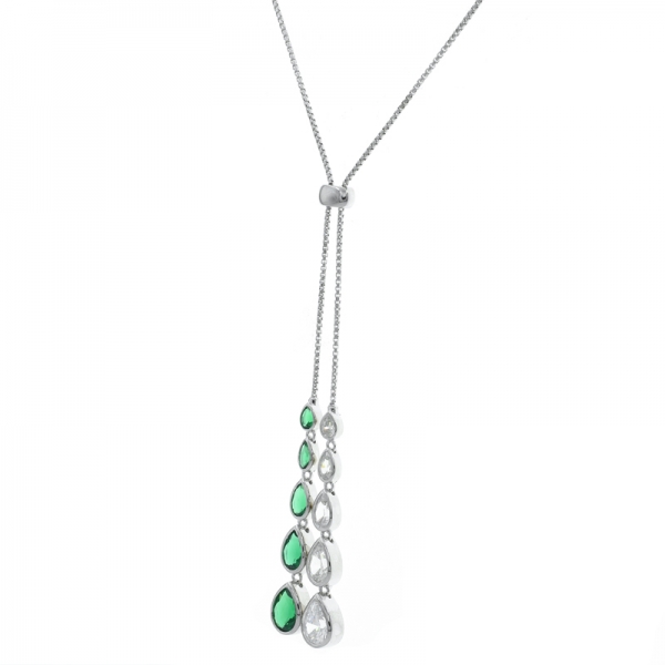 Fancy 925 Silver Adjustable Necklace With Green & White Stones 