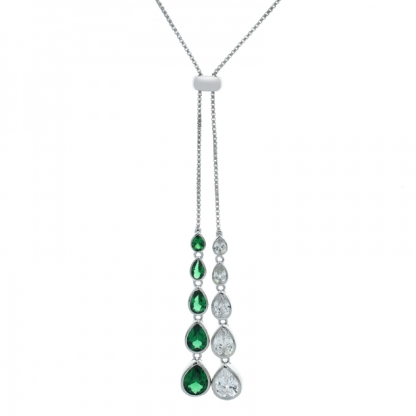 Fancy 925 Silver Adjustable Necklace With Green & White Stones 