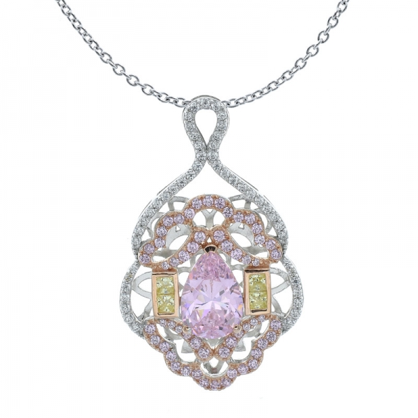 925 Precious Women Necklace With Fancy Pear Shape Diamond Pink CZ 