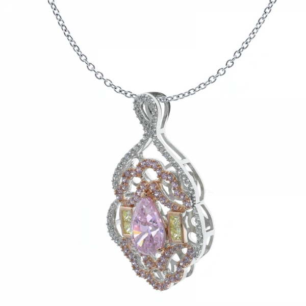 925 Precious Women Necklace With Fancy Pear Shape Diamond Pink CZ 
