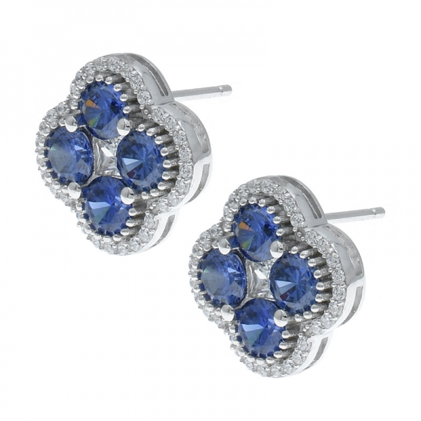 925 Charming Silver 4 Leaf Clover Tanzanite CZ Earrings 