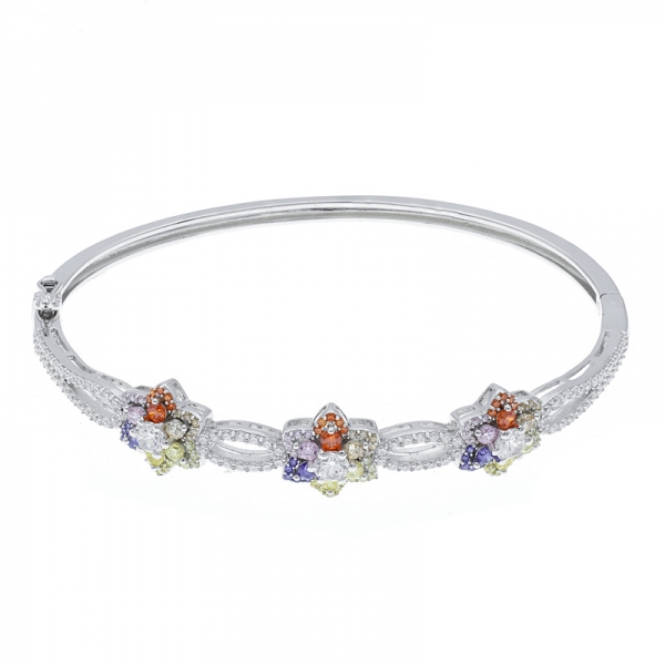 925 Sterling Silver Multicolor Flower Bangle 