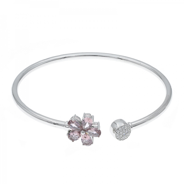 925 Sterling Silver Morganite Nano Flower Open Bangle 