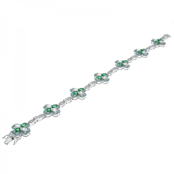 925 Silver Green Nano & White CZ Four Leaf Clover Bracelet 