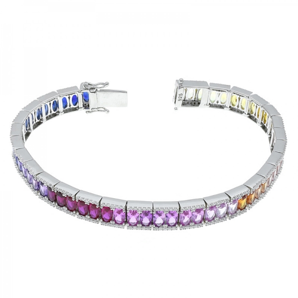 925 Sterling Silver Rainbow Oval Stones Bracelet 