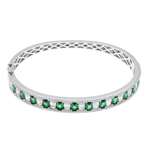 925 Silver Fancy Oval Green & White CZ Bangle 