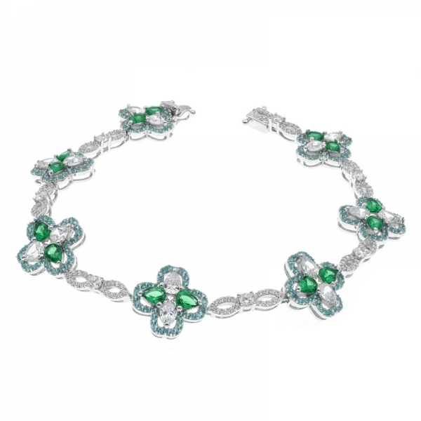 925 Silver Green Nano & White CZ Four Leaf Clover Bracelet 