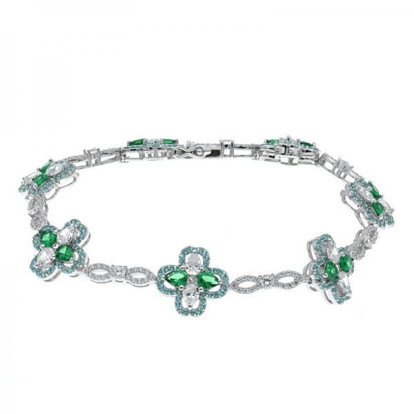 925 Silver Green Nano & White CZ Four Leaf Clover Bracelet 