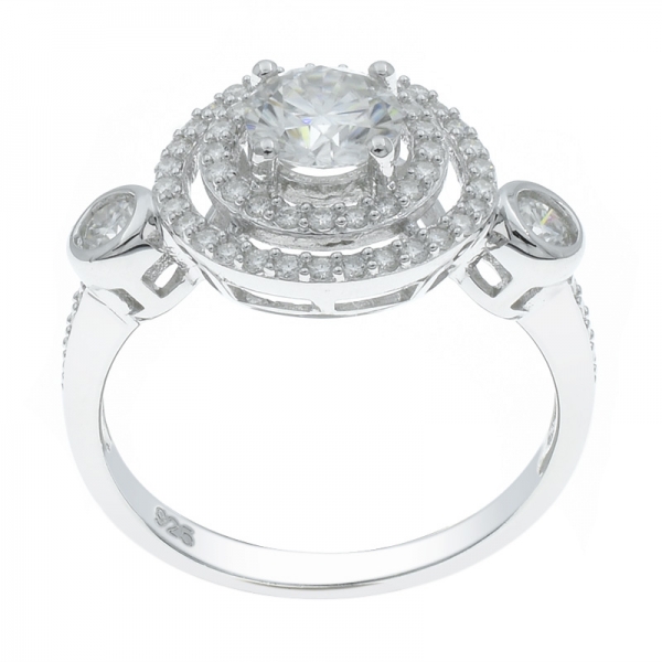 925 Silver Three Stone Double Halo Ring 