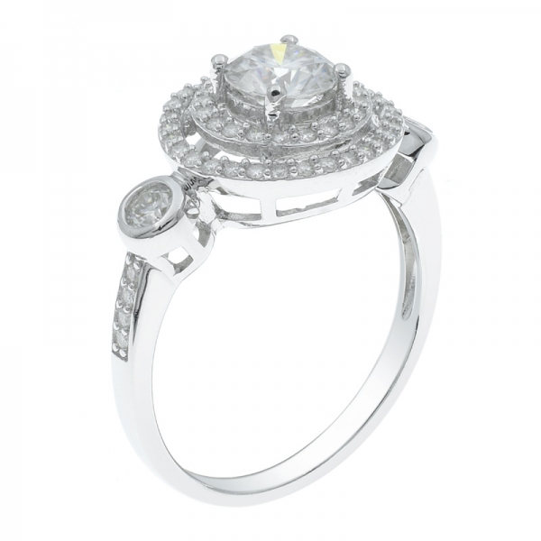 925 Silver Three Stone Double Halo Ring 