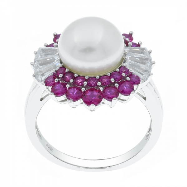 925 Silver Pearl Ring With Fancy Red Corundum & White CZ 