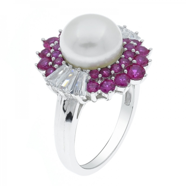 925 Silver Pearl Ring With Fancy Red Corundum & White CZ 