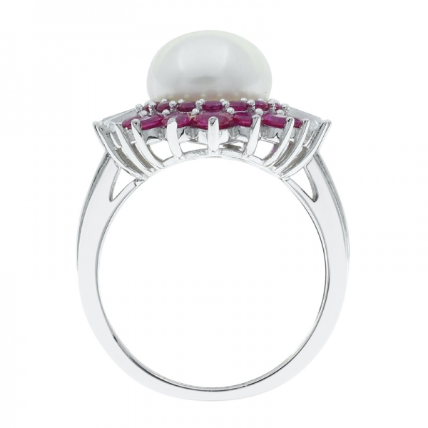 925 Silver Pearl Ring With Fancy Red Corundum & White CZ 