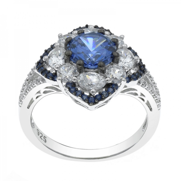 Classic 925 Sterling Silver Tanzanite CZ Floral Ring 