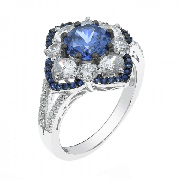 Classic 925 Sterling Silver Tanzanite CZ Floral Ring 